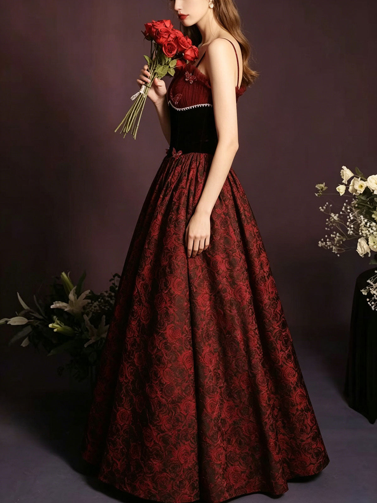 Spaghetti Strap Burgundy Velvet Butterfly Jacquard A-Line Evening Gown
