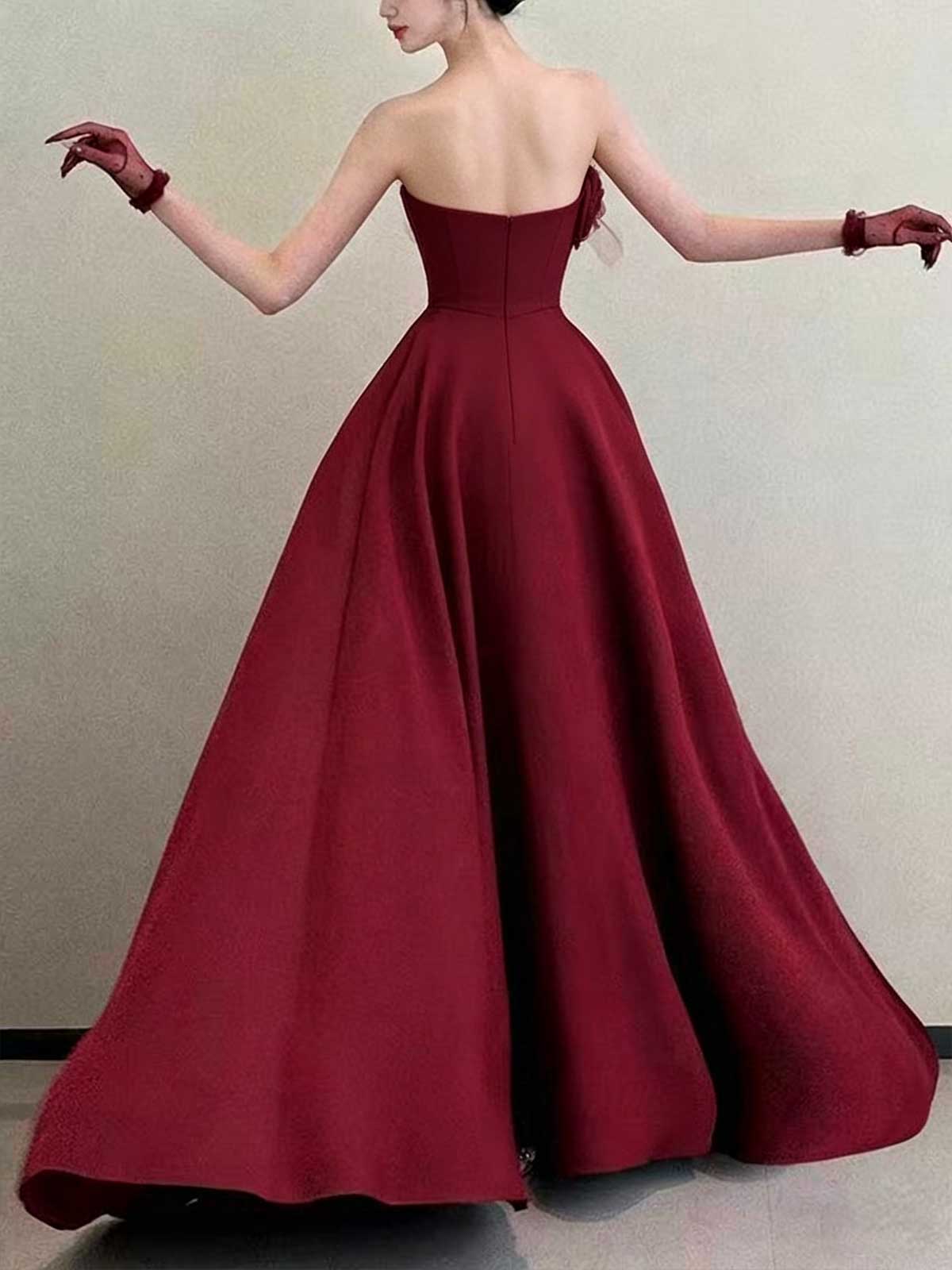 Burgundy Strapless Satin Ball Gown with 3D Rose Bodice