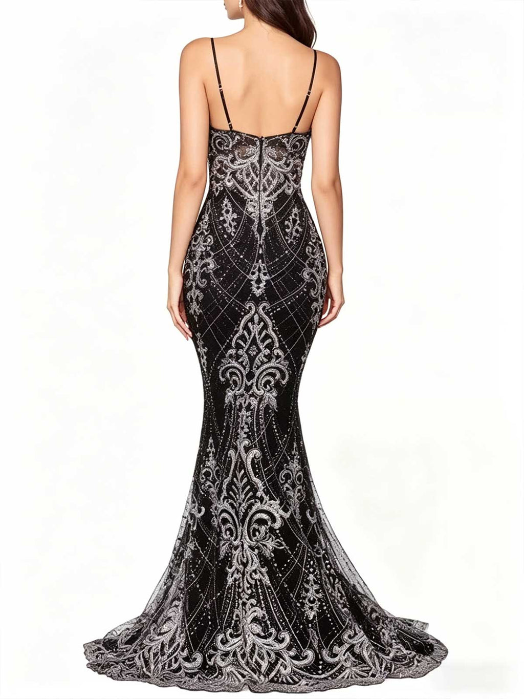 Black Silver Beaded Mermaid Evening Gown