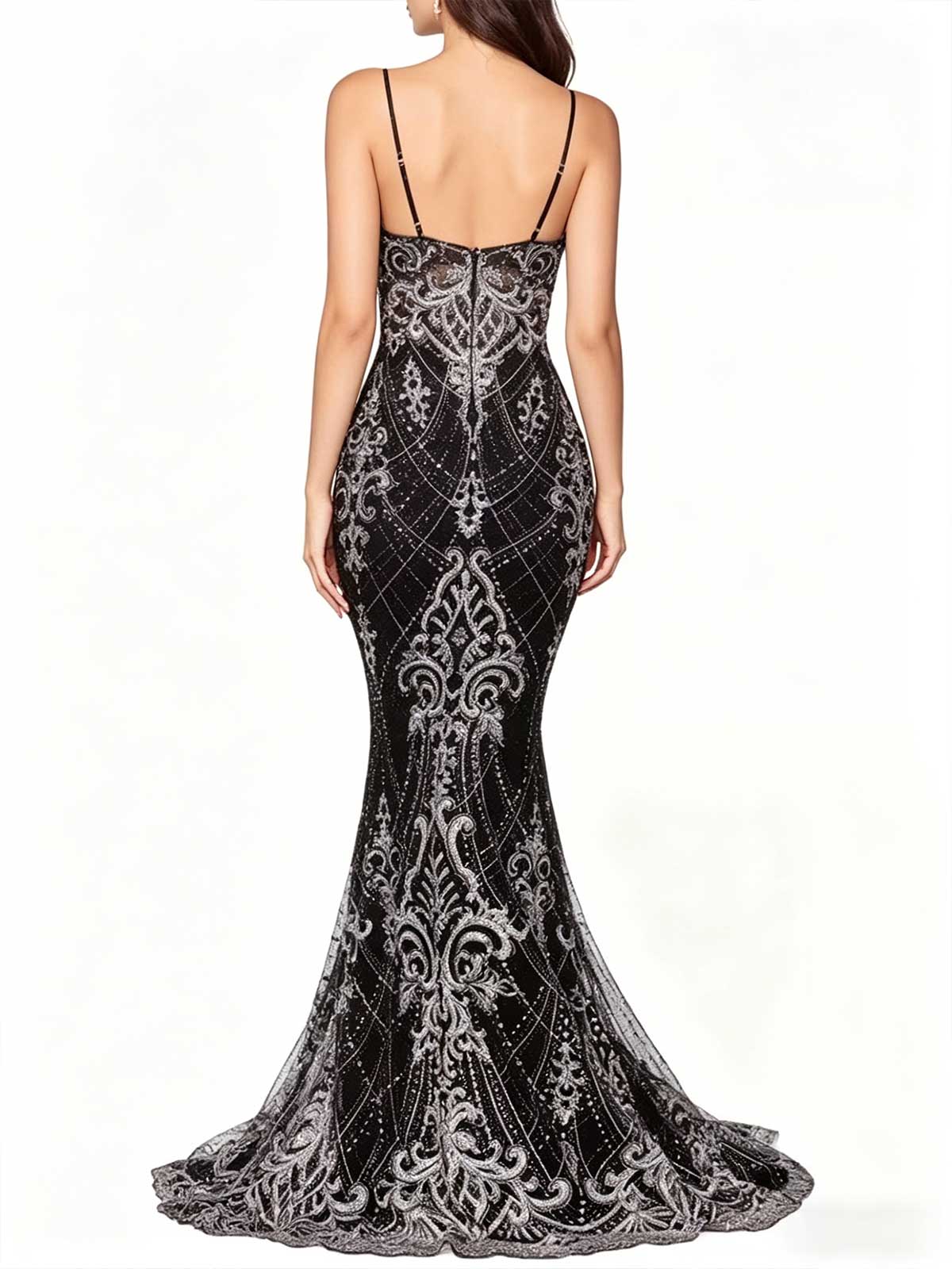 Black Silver Beaded Mermaid Evening Gown