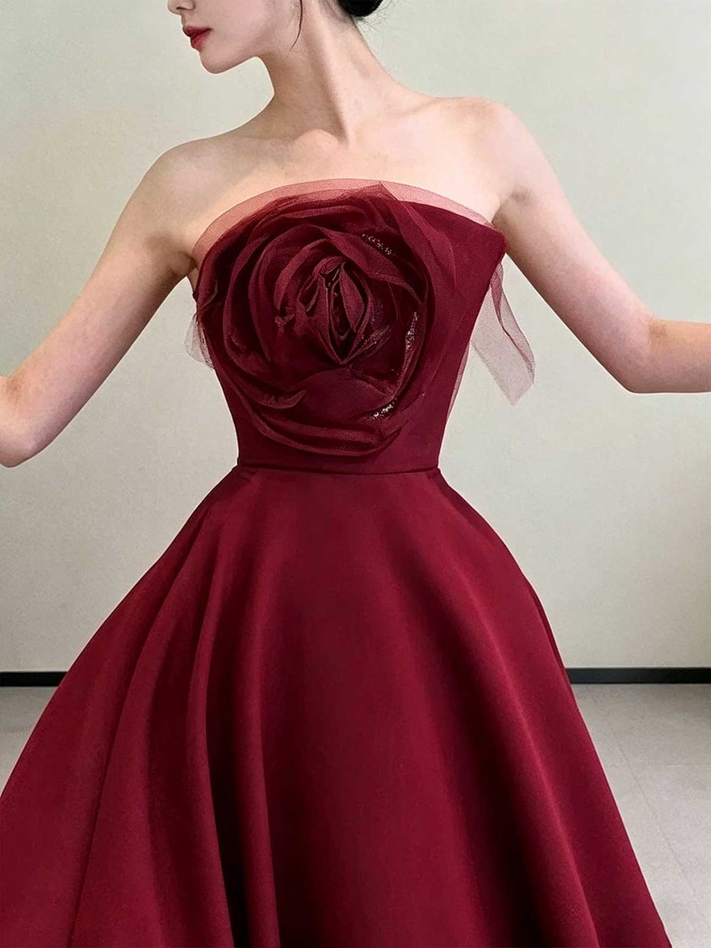 Burgundy Strapless Satin Ball Gown with 3D Rose Bodice