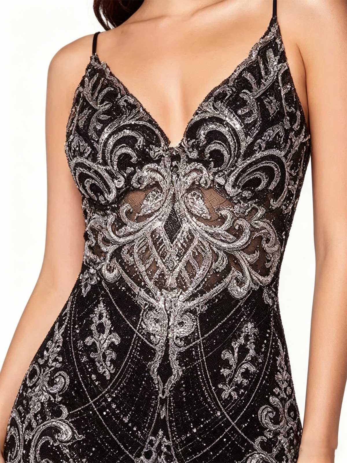 Black Silver Beaded Mermaid Evening Gown