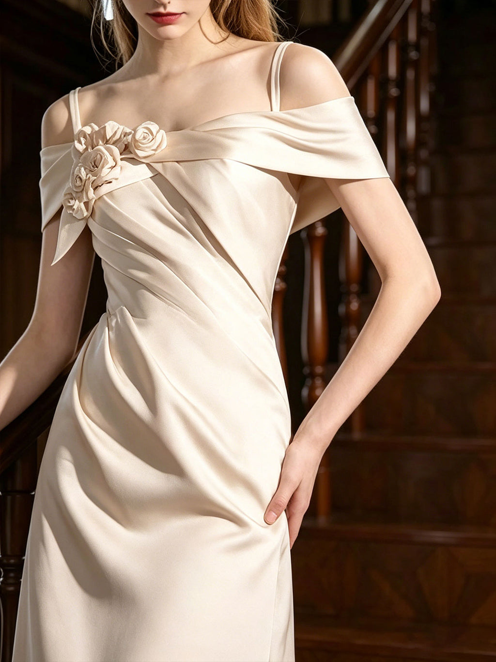 Off Shoulder 3D Floral Draped Satin High Slit Mermaid Evening Gown