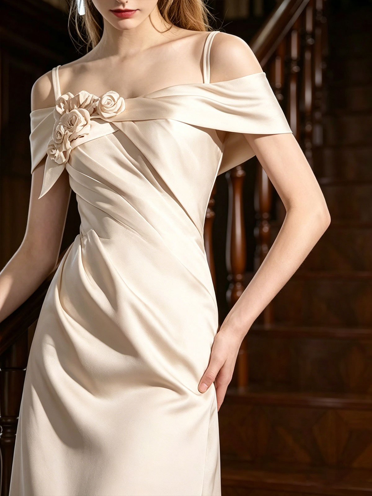 Off Shoulder 3D Floral Draped Satin High Slit Mermaid Evening Gown