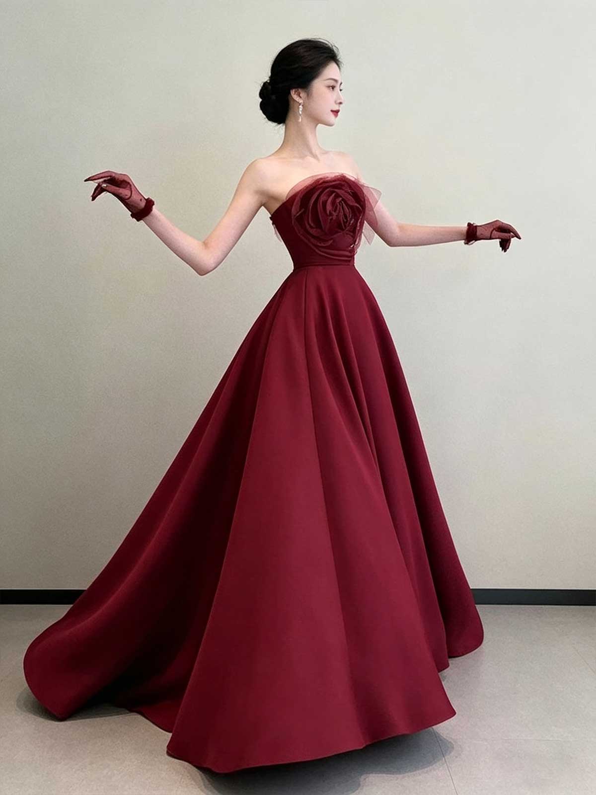 Burgundy Strapless Satin Ball Gown with 3D Rose Bodice