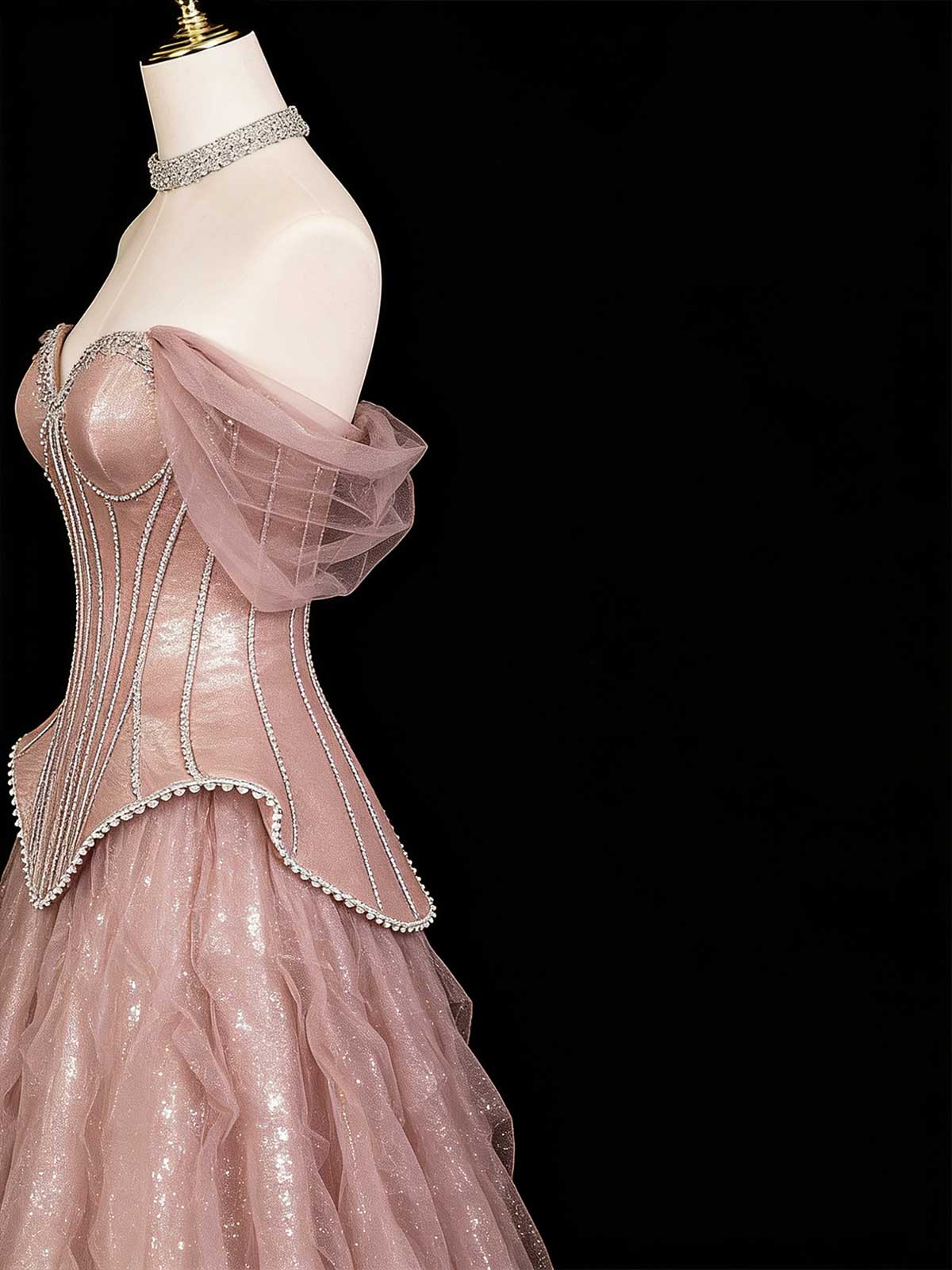 Dusty Pink Glitter Tulle Off-the-Shoulder Corset Gown