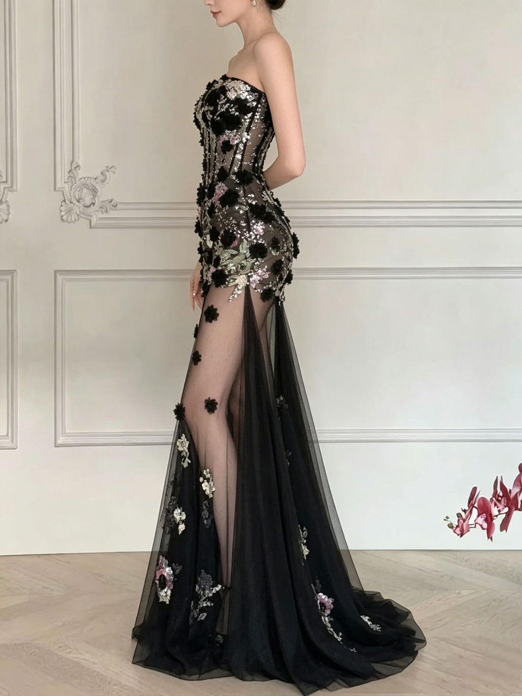 Black Strapless Corset 3D Floral Sheer Tulle Mermaid Evening Gown Sequin Formal Dress