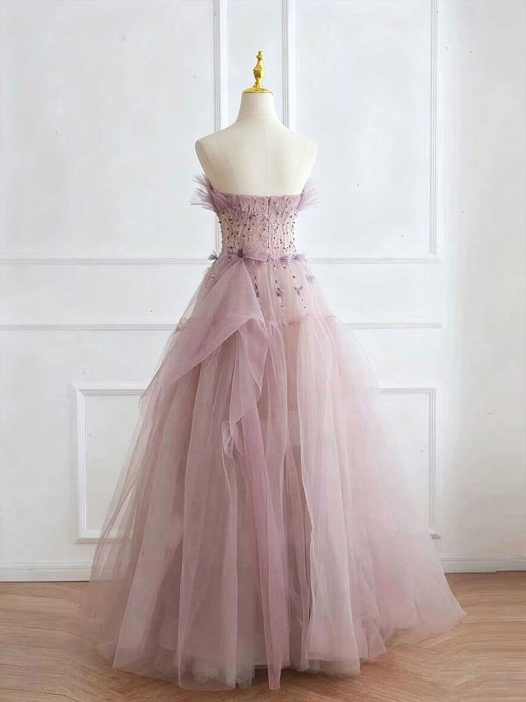 Dusty Pink Strapless Tulle Ball Gown with Corset Beaded Bodice