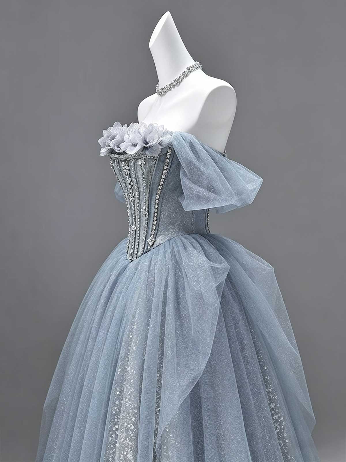 Dusty Blue Strapless Corset Tulle Ball Gown with Puff Sleeves