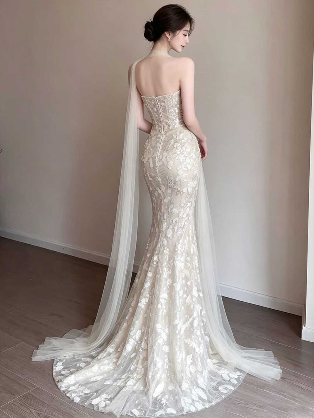 Ivory Sequin Strapless Mermaid Wedding Dress with Veil
