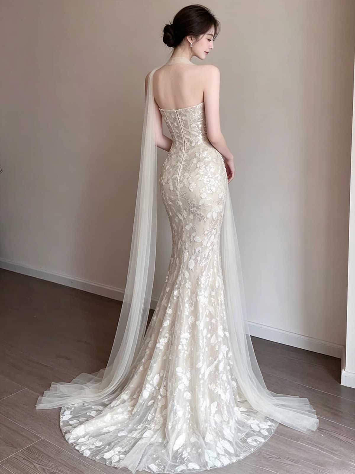 Ivory Sequin Strapless Mermaid Wedding Dress with Veil