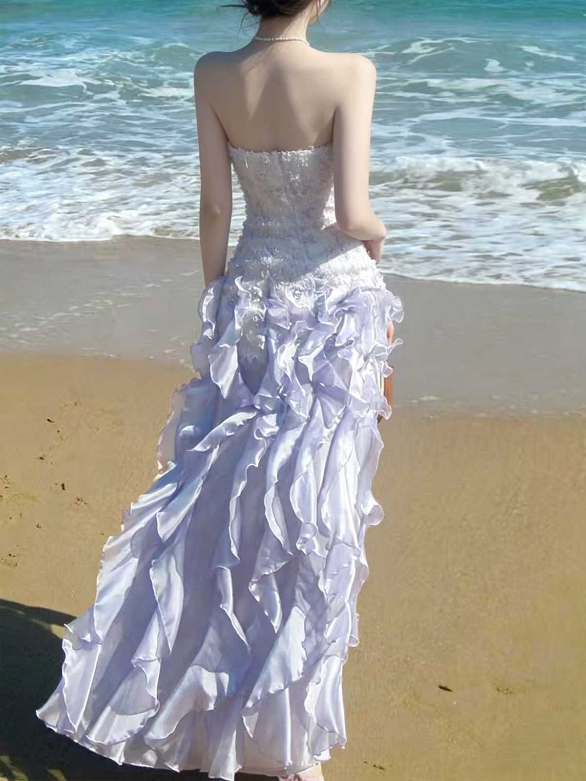 Lavender Lace Ruffle Tiered Strapless Mermaid Wedding Dress