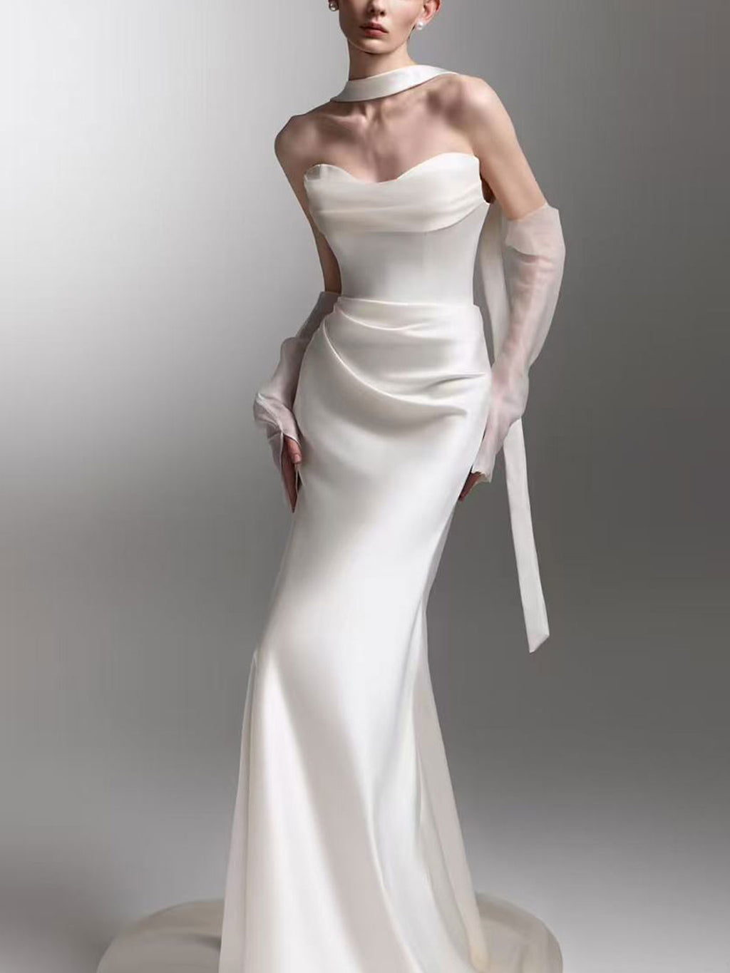 Elegant Satin Mermaid Gown with Halter Strap & Sheer Tulle Gloves