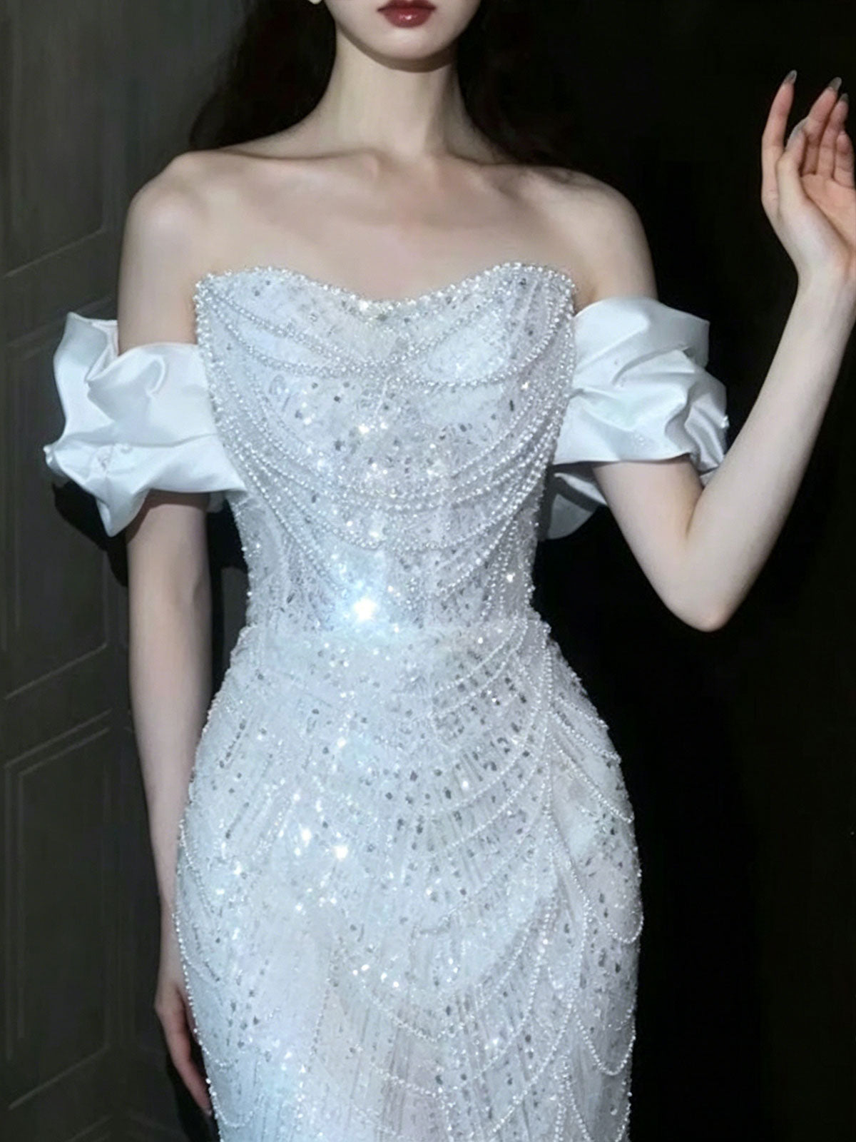 Strapless Satin Puff Sleeve Pearl Rhinestone Mermaid Evening Gown