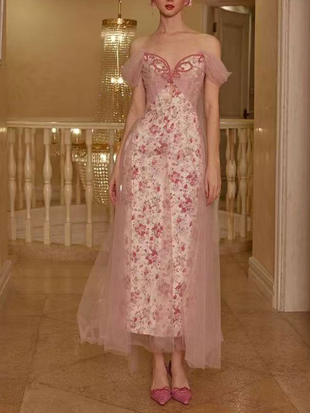 Off Shoulder Pink Floral Print Tulle Overlay Midi Evening Dress Sweetheart Formal Gown