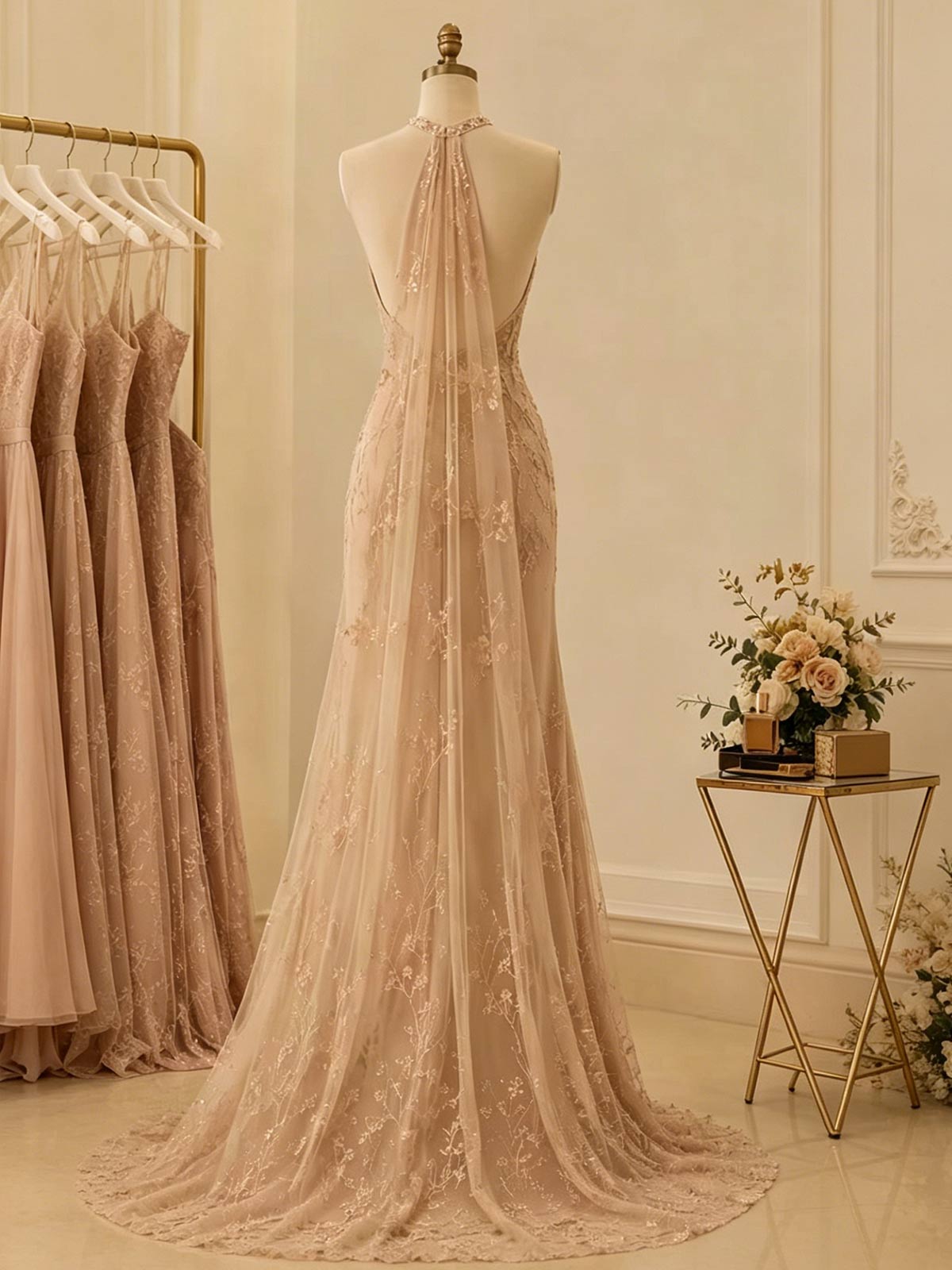 Champagne Beaded Halter Neck Evening Gown with Tulle Cape