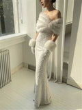 White Off Shoulder Faux Fur Trim Sequin Mermaid Evening Gown with Fur Cuff Gloves