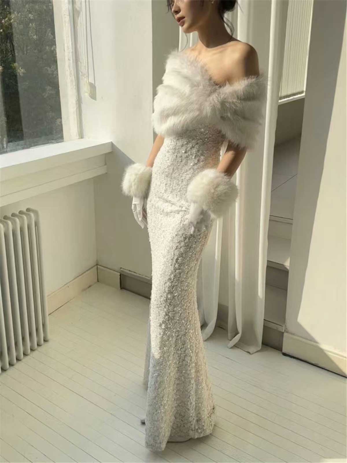 White Off Shoulder Faux Fur Trim Sequin Mermaid Evening Gown with Fur Cuff Gloves