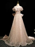 Champagne Pink Off-the-Shoulder Beaded Tulle Ball Gown with Bow Back