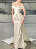 Off Shoulder Twist Waist Beaded Satin Mermaid Train Wedding Gown