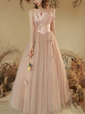Blush Pink Bow Detail Strapless Tulle A-Line Prom Gown