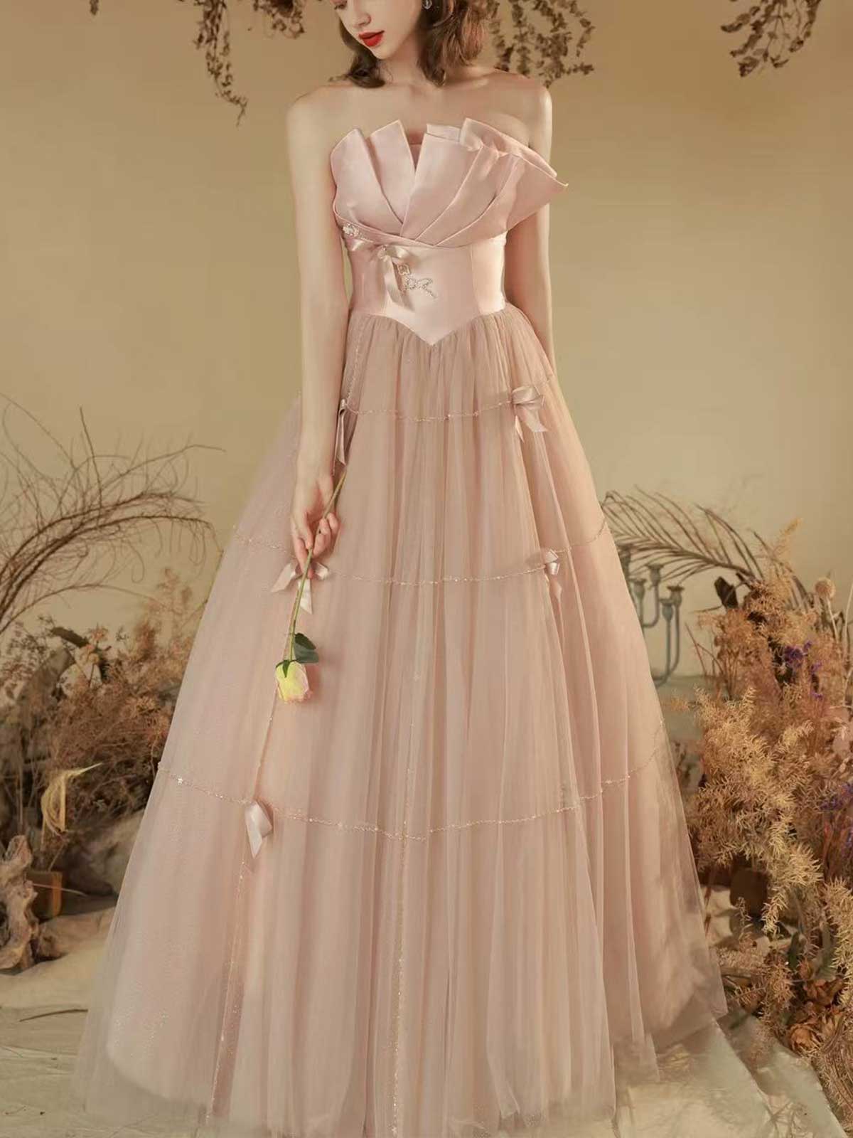 Blush Pink Bow Detail Strapless Tulle A-Line Prom Gown
