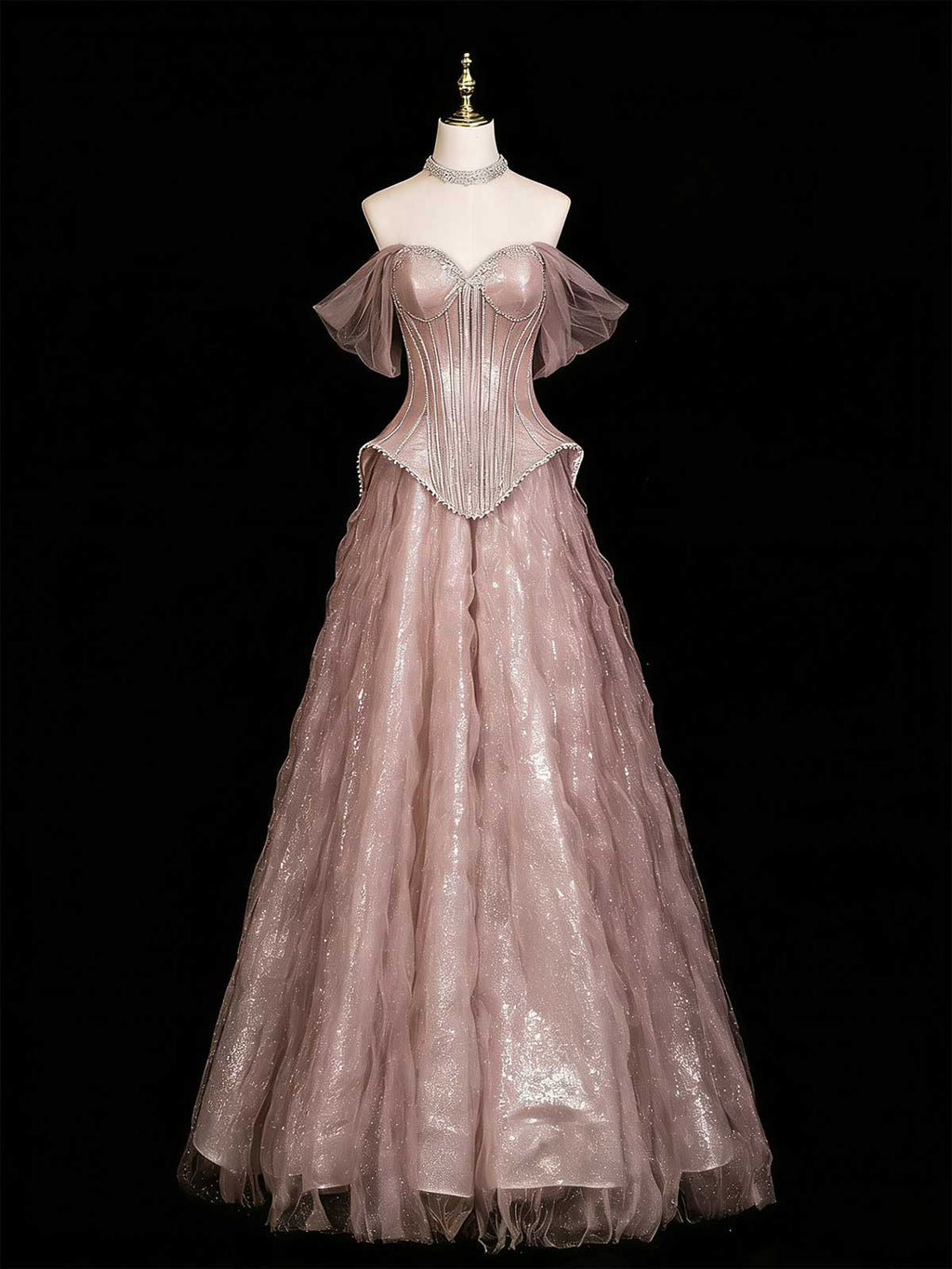 Dusty Pink Glitter Tulle Off-the-Shoulder Corset Gown