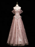 Dusty Pink Glitter Tulle Off-the-Shoulder Corset Gown