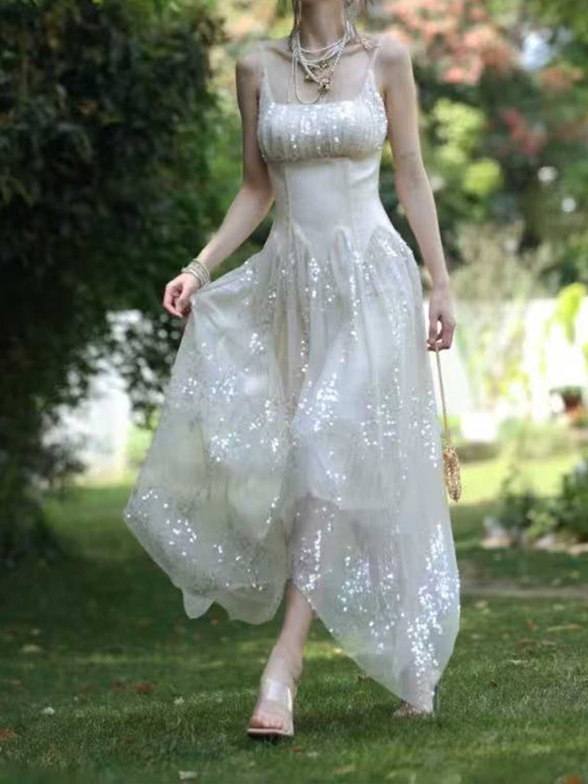 White Sequin Spaghetti Strap Asymmetrical Midi Cocktail Dress
