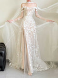 Ethereal Off-Shoulder 3D Floral Tulle Gown with Sheer Sleeves