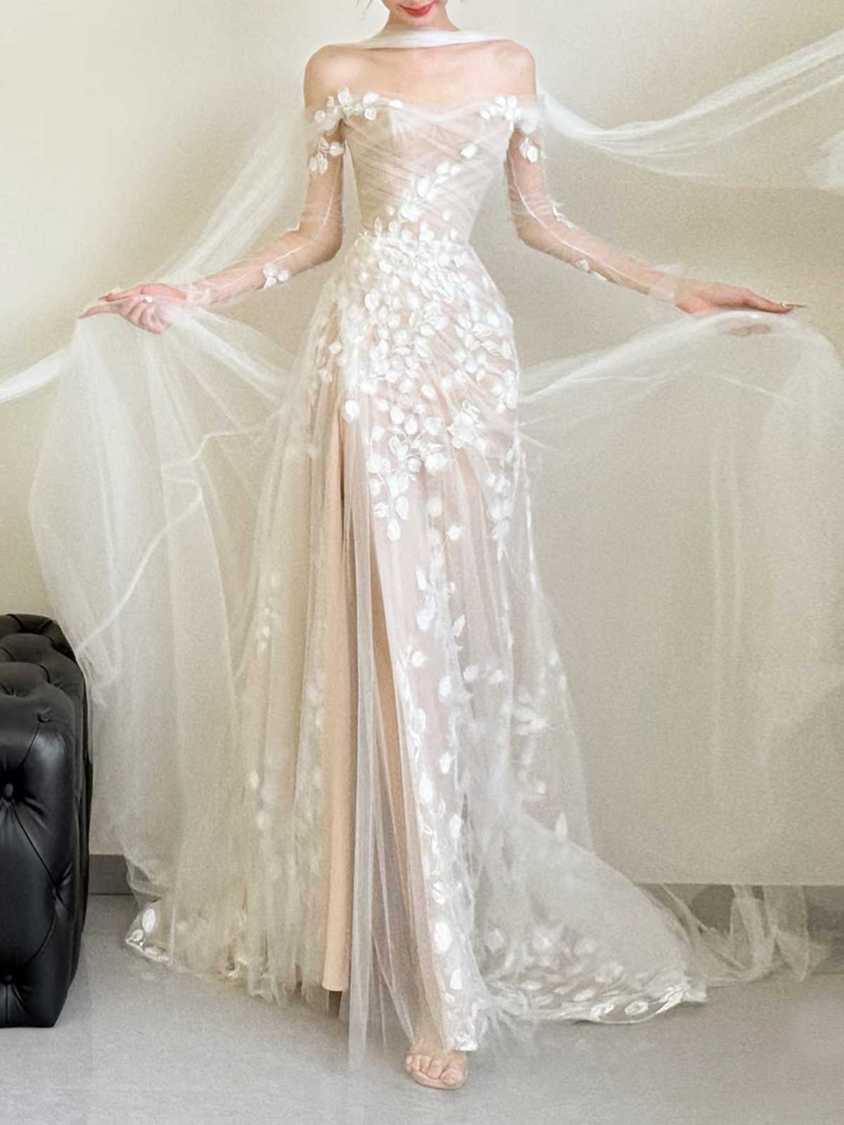 Ethereal Off-Shoulder 3D Floral Tulle Gown with Sheer Sleeves