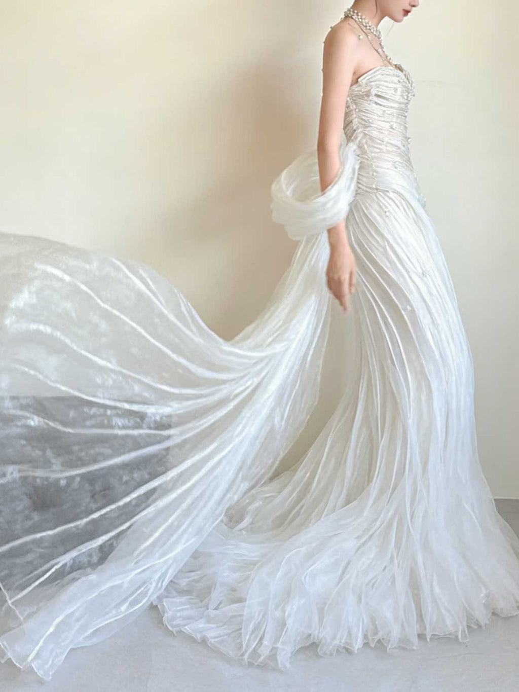 Stunning Ruched Organza Wedding Gown with Detachable Overskirt & Dramatic Train