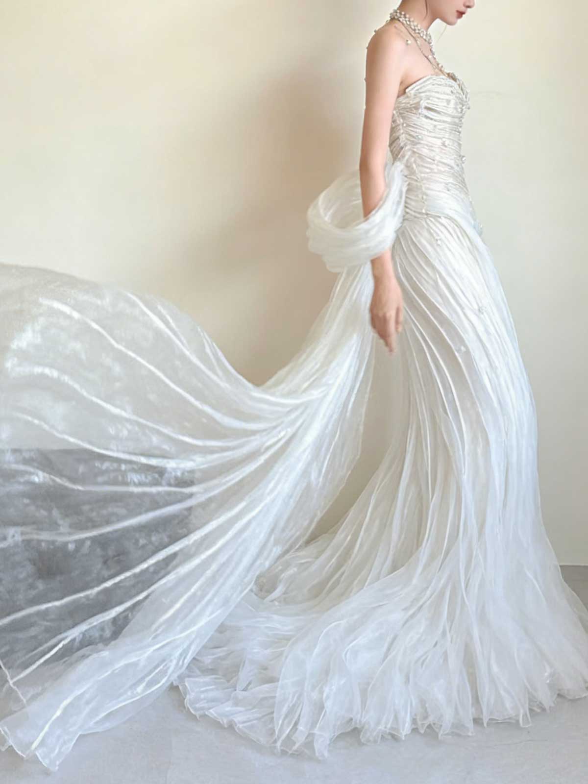 Stunning Ruched Organza Wedding Gown with Detachable Overskirt & Dramatic Train