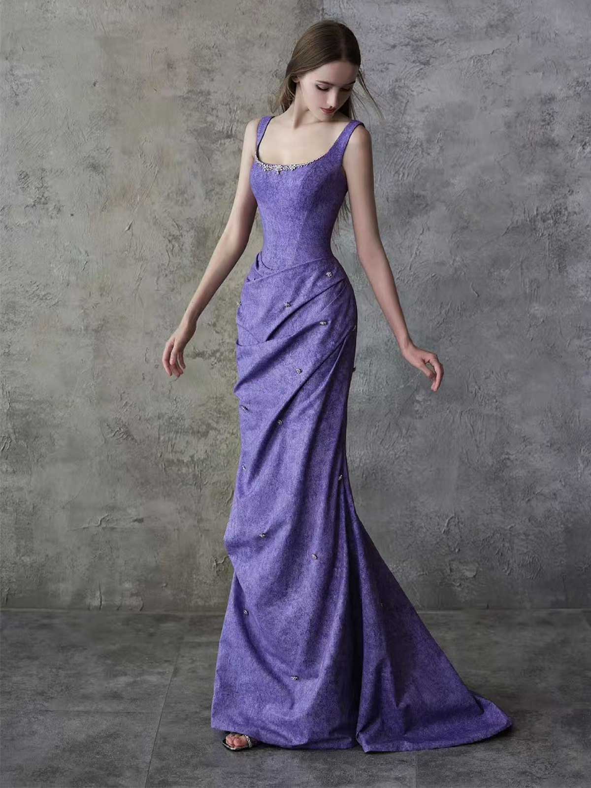 Purple Sleeveless Satin Mermaid Evening Gown with Beaded Neckline