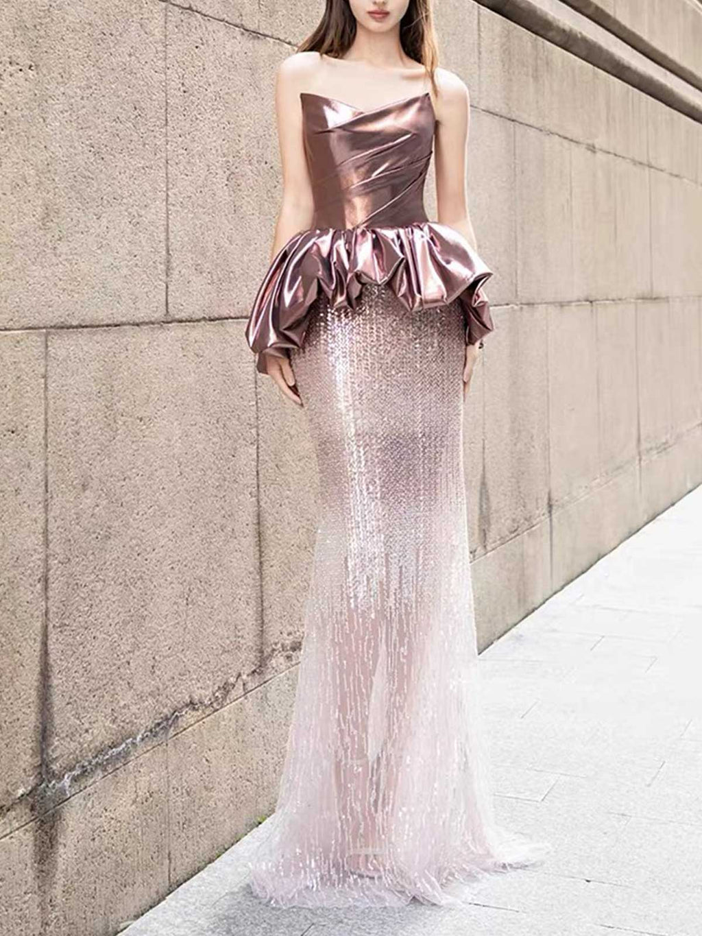 Rose Gold Satin Peplum Gradient Sequin Mermaid Evening Dress