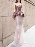 Rose Gold Satin Peplum Gradient Sequin Mermaid Evening Dress