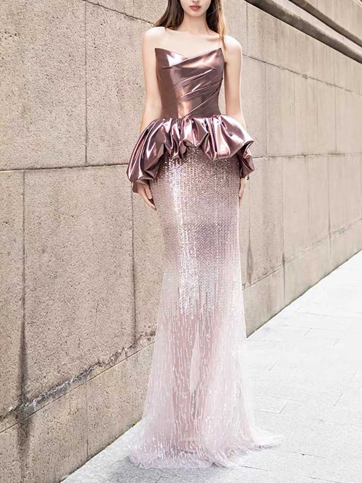 Rose Gold Satin Peplum Gradient Sequin Mermaid Evening Dress