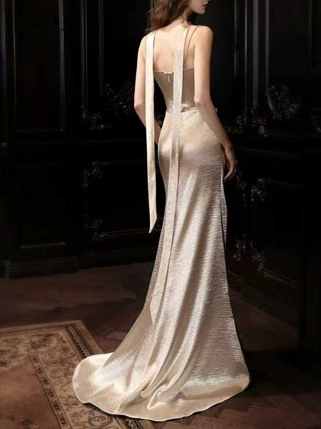 Champagne Satin Mermaid Gown with Halter Strap & Draped Bodice