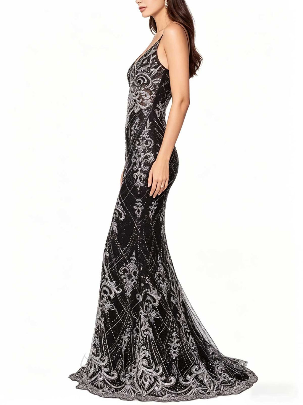 Black Silver Beaded Mermaid Evening Gown