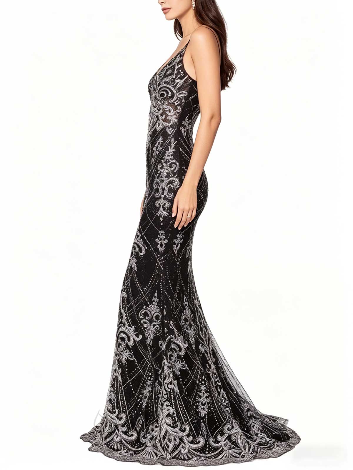 Black Silver Beaded Mermaid Evening Gown