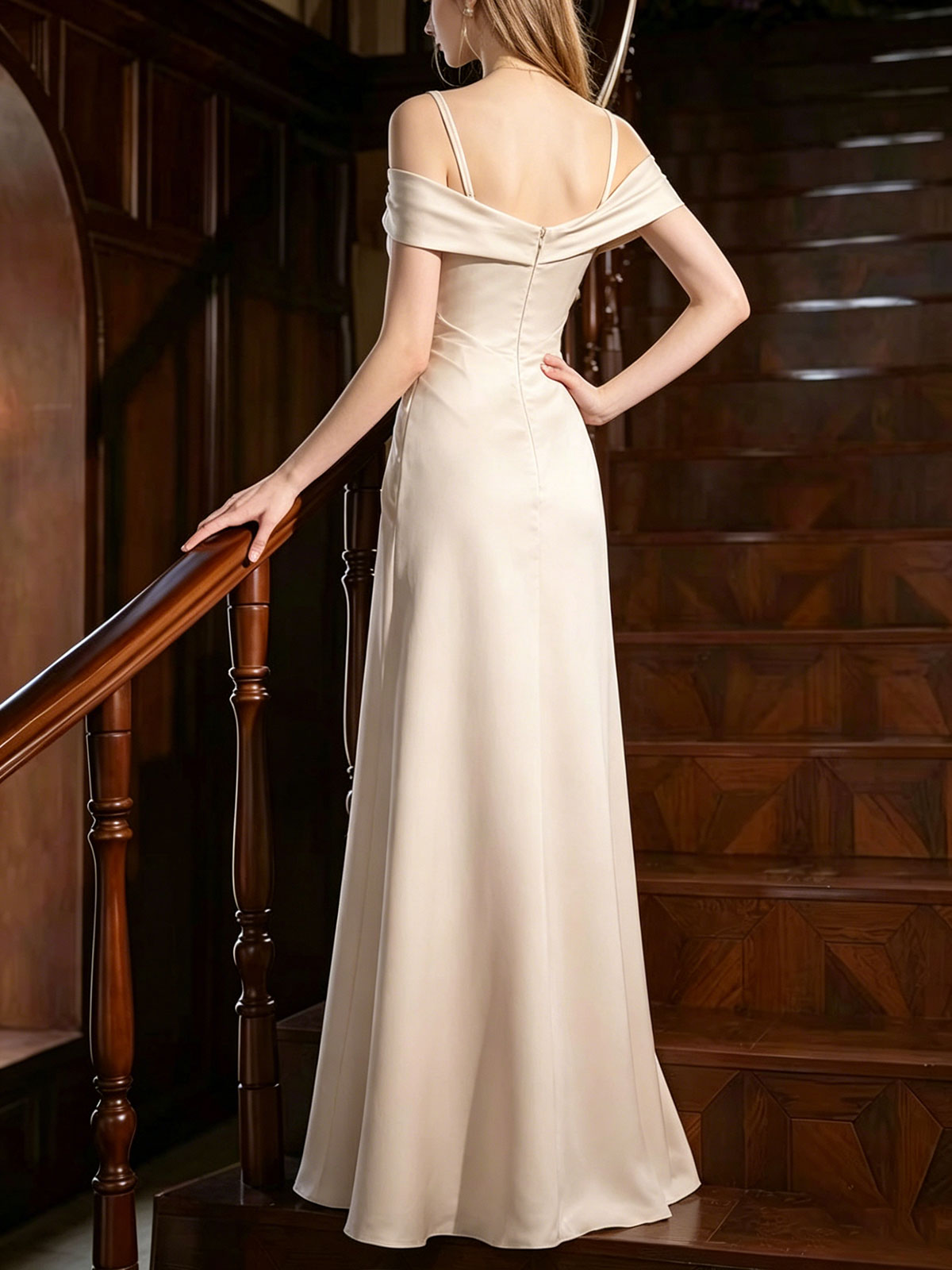Off Shoulder 3D Floral Draped Satin High Slit Mermaid Evening Gown