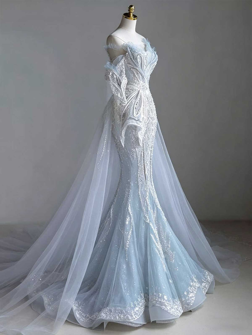 Ice Blue Strapless Sequin Mermaid Evening Gown with Cape Train