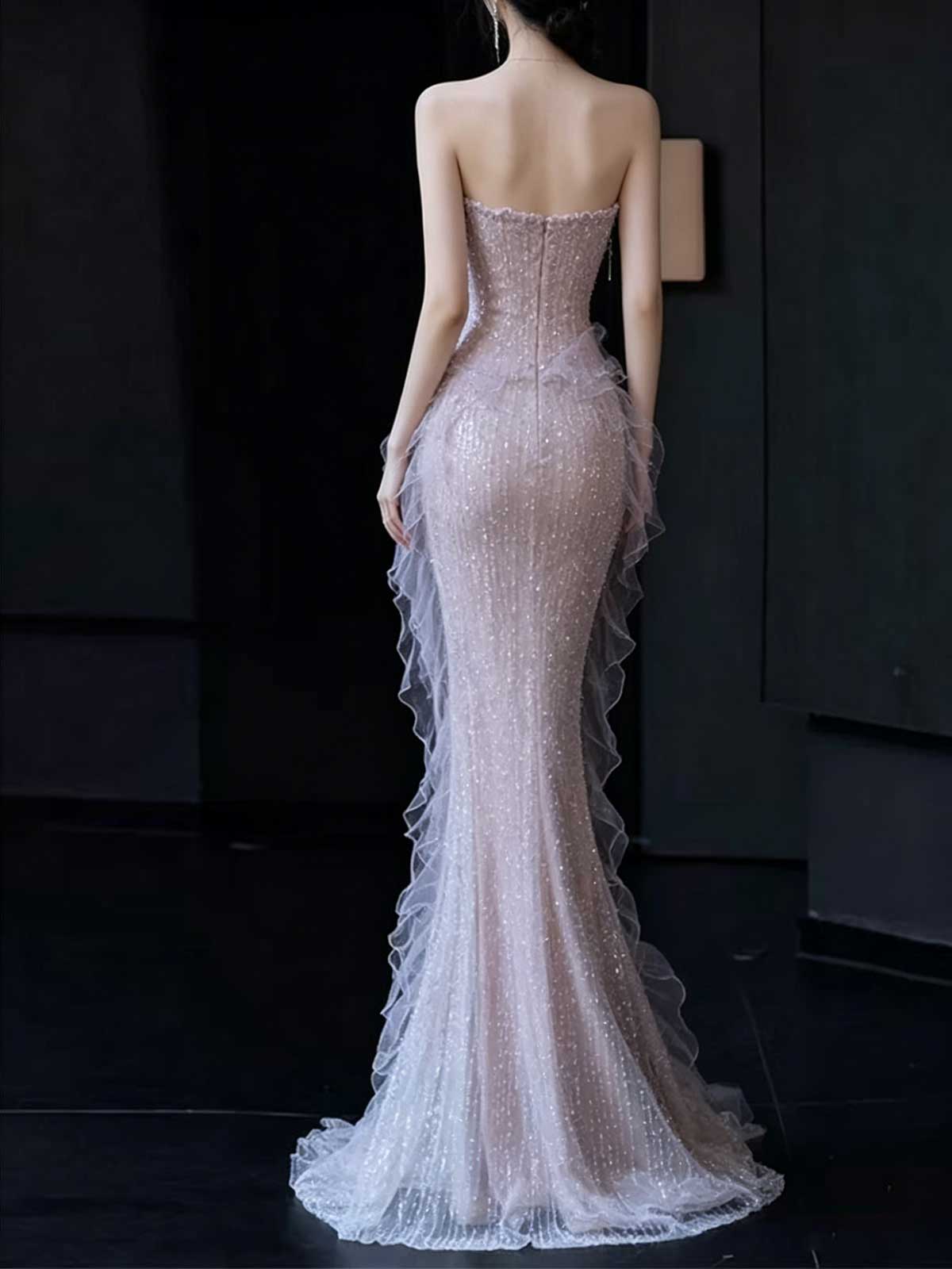 Blush Pink Strapless Beaded Mermaid Evening Gown with Tulle Ruffle Train