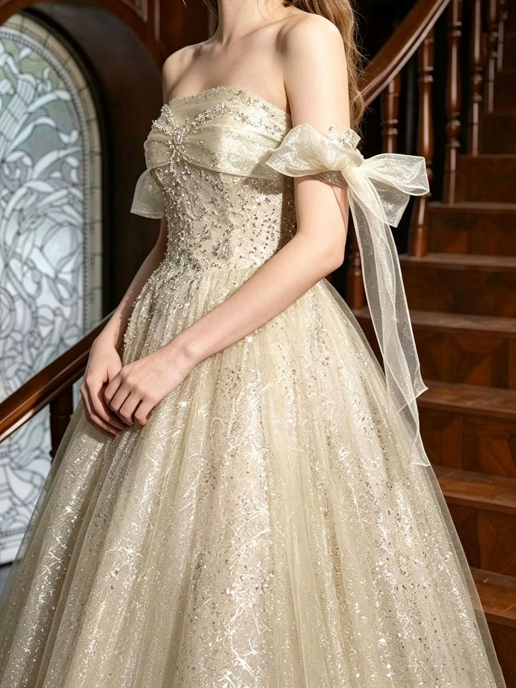 Strapless Champagne Bow Glitter Tulle A-Line Ball Evening Gown