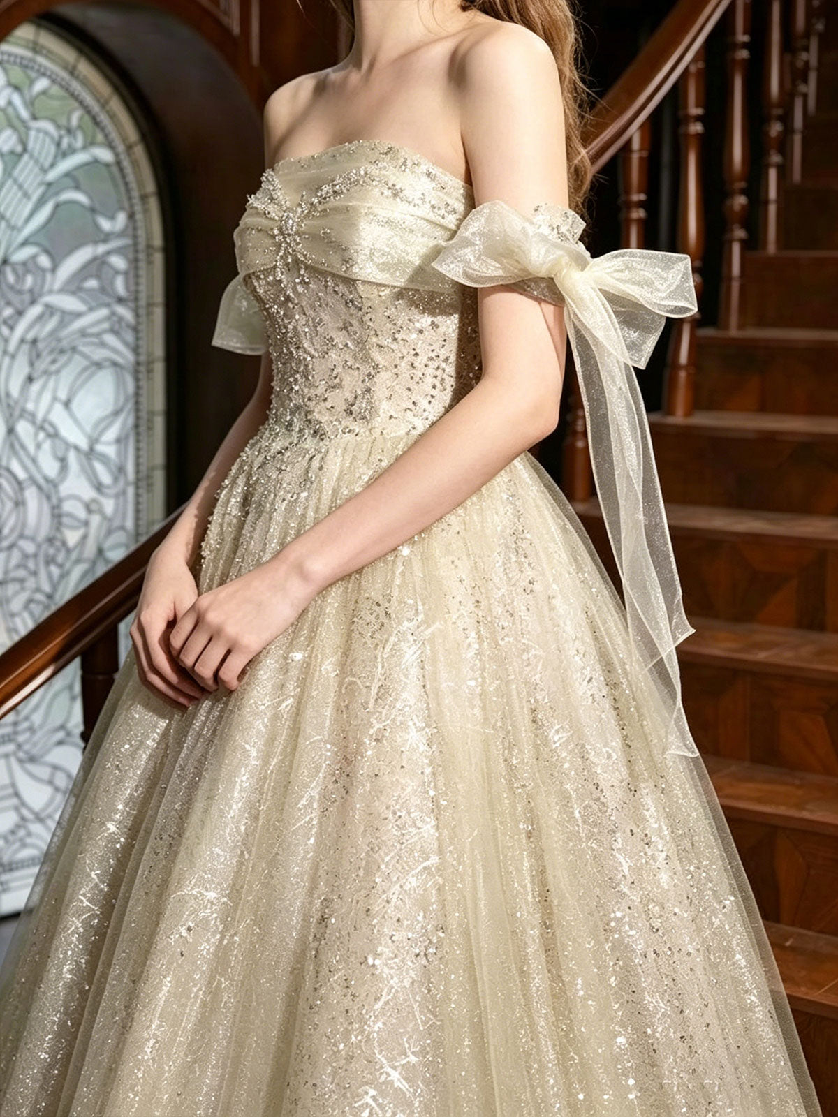 Strapless Champagne Bow Glitter Tulle A-Line Ball Evening Gown