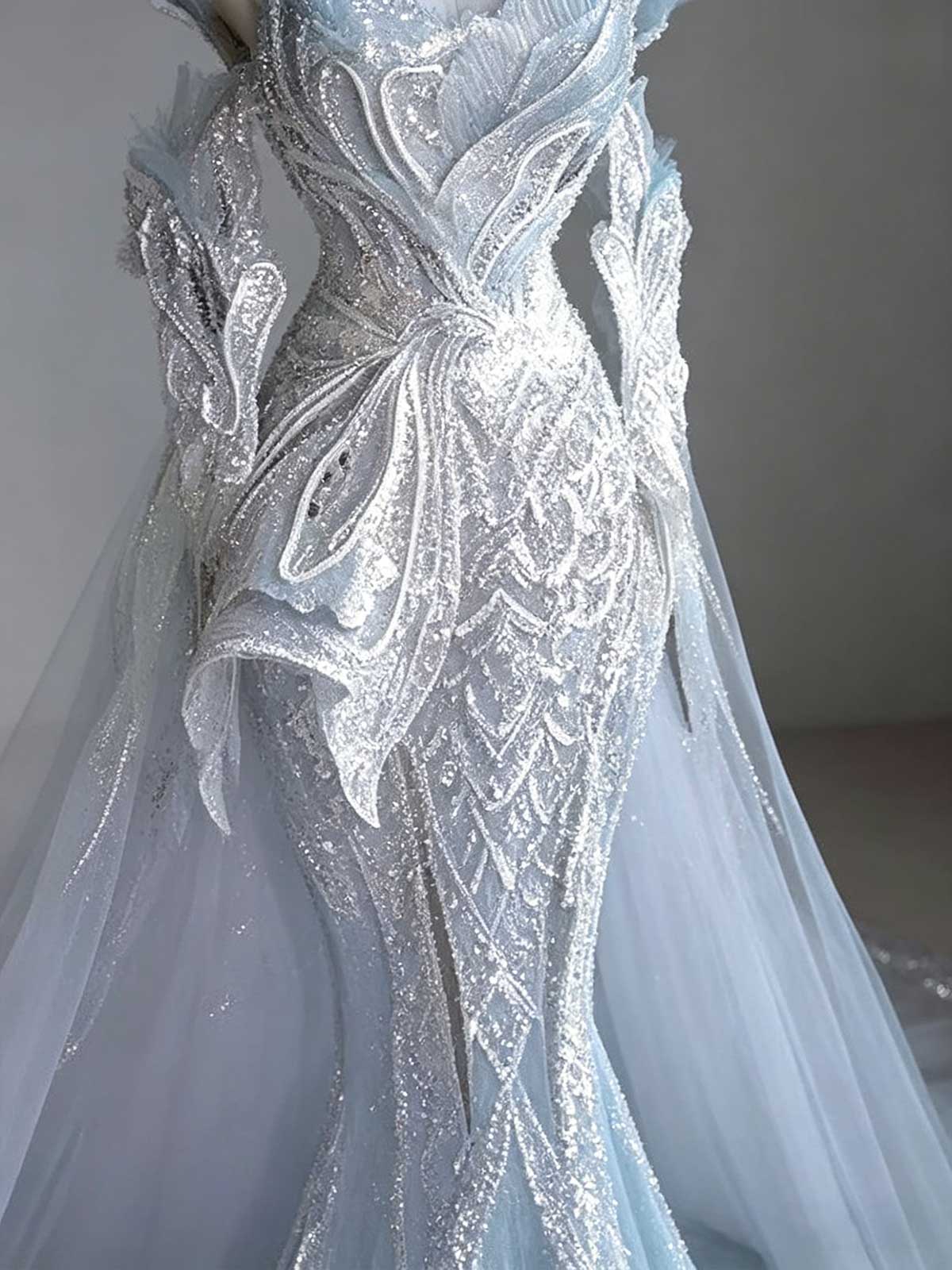 Ice Blue Strapless Sequin Mermaid Evening Gown with Cape Train