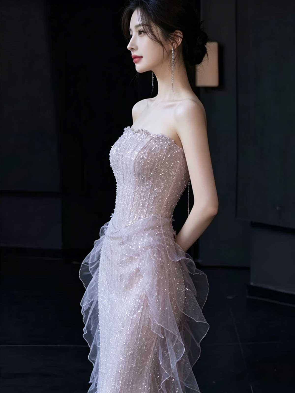Blush Pink Strapless Beaded Mermaid Evening Gown with Tulle Ruffle Train