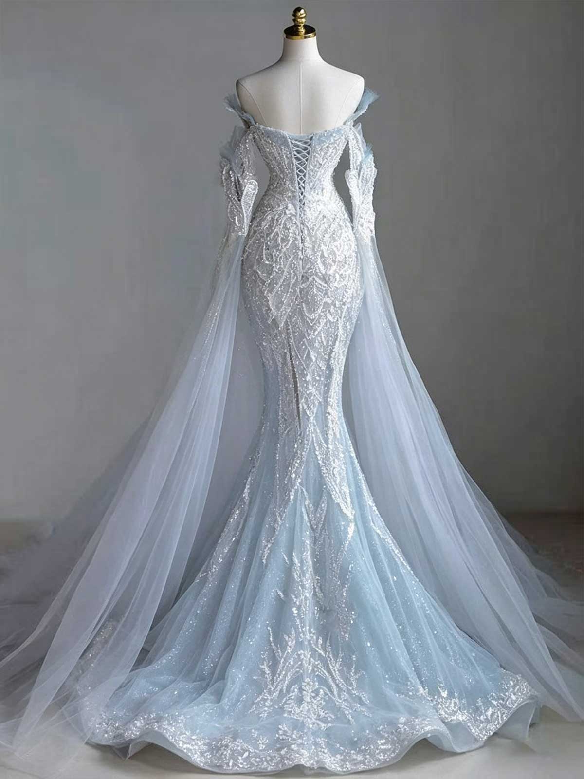 Ice Blue Strapless Sequin Mermaid Evening Gown with Cape Train