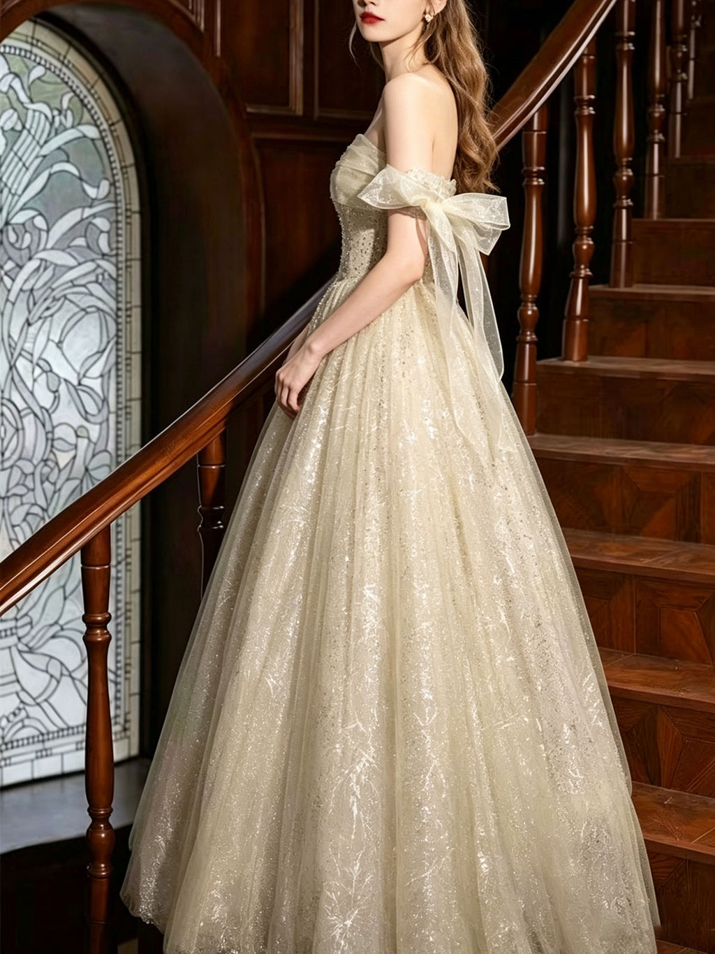 Strapless Champagne Bow Glitter Tulle A-Line Ball Evening Gown