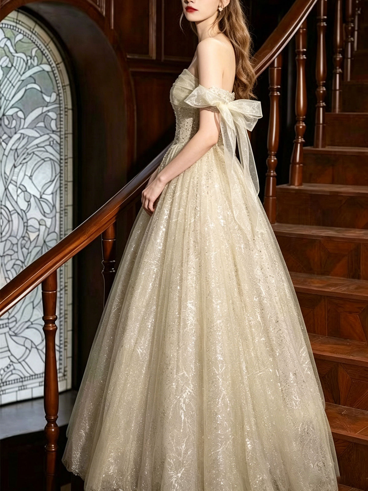 Strapless Champagne Bow Glitter Tulle A-Line Ball Evening Gown
